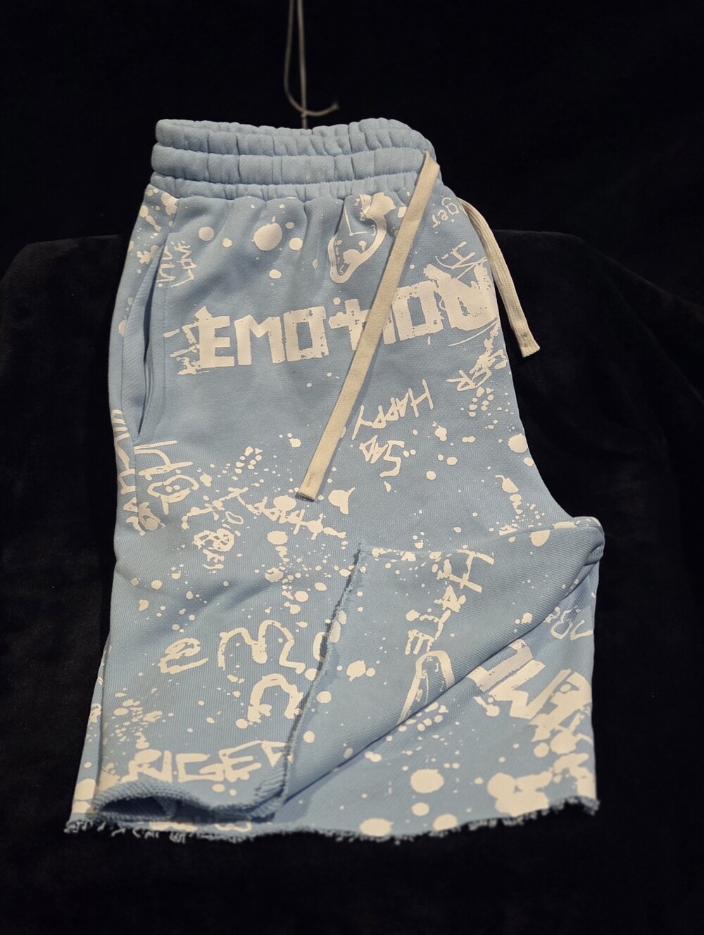 Mixed Emotion Mens Light Blue Graffiti Sweat Shorts - "Emotions Never Die"